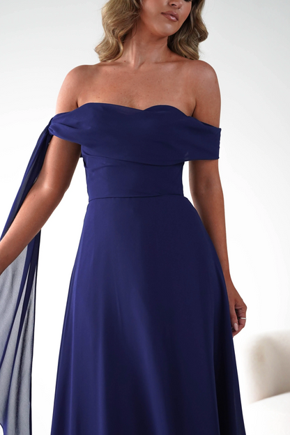Romantic A-Line Off-The-Shoulder Draped Strap Zipper Back Floor-Length Chiffon Prom Dress