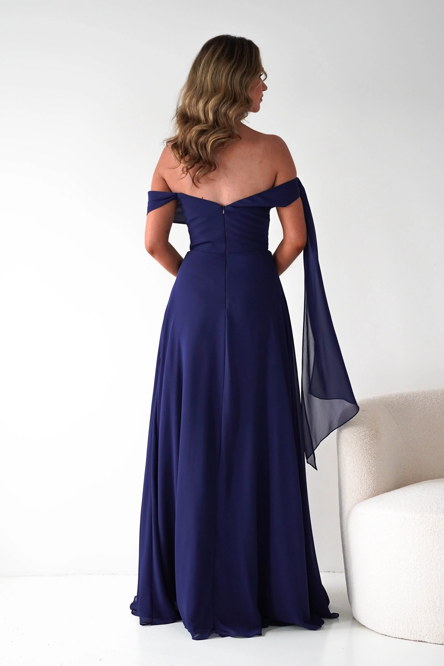 Romantic A-Line Off-The-Shoulder Draped Strap Zipper Back Floor-Length Chiffon Prom Dress