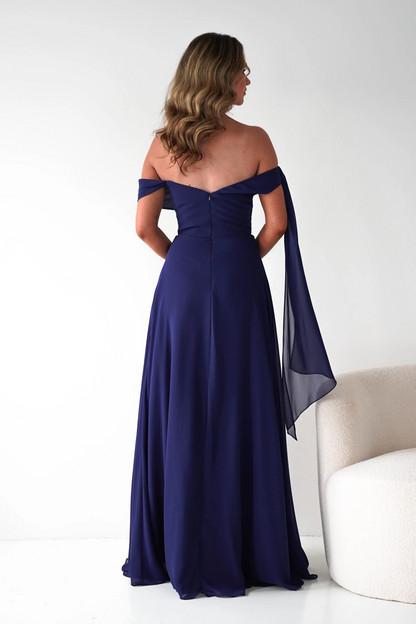 Romantic A-Line Off-The-Shoulder Draped Strap Zipper Back Floor-Length Chiffon Prom Dress