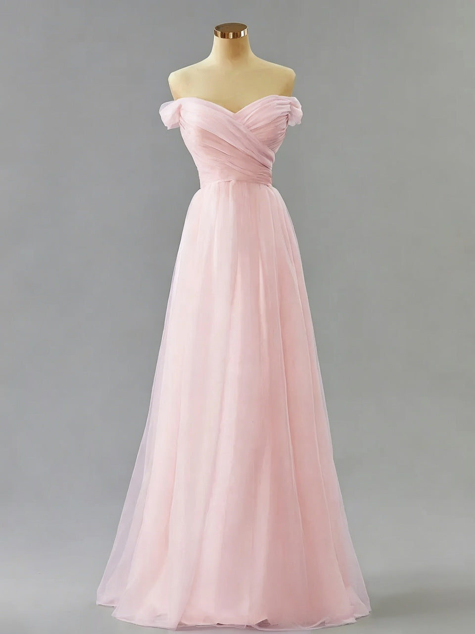 Romantic Pleated Tulle A-Line Off-Shoulder Floor-Length Evening Dress
