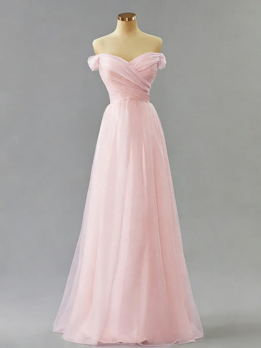 Romantic A-Line Off-the-Shoulder Pleated Tulle Floor-Length Evening Dress