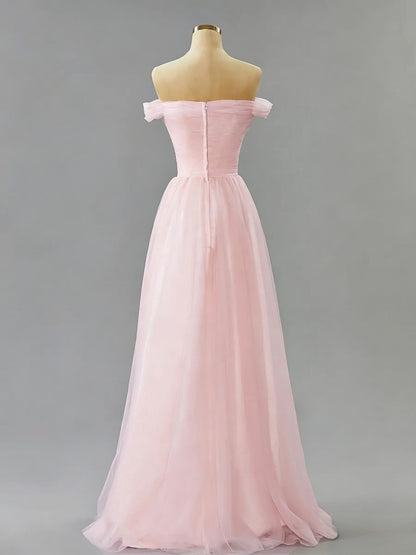Romantic Pleated Tulle A-Line Off-Shoulder Floor-Length Evening Dress