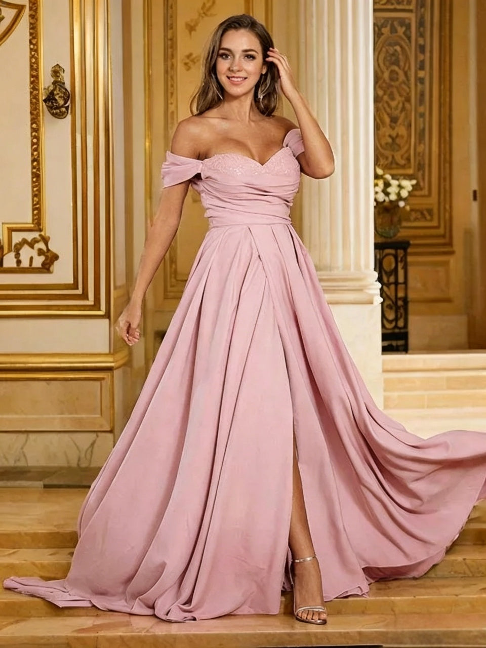 Elegant Crepe A-Line Off-Shoulder Sweetheart High-Slit Floor-Length Evening Gown