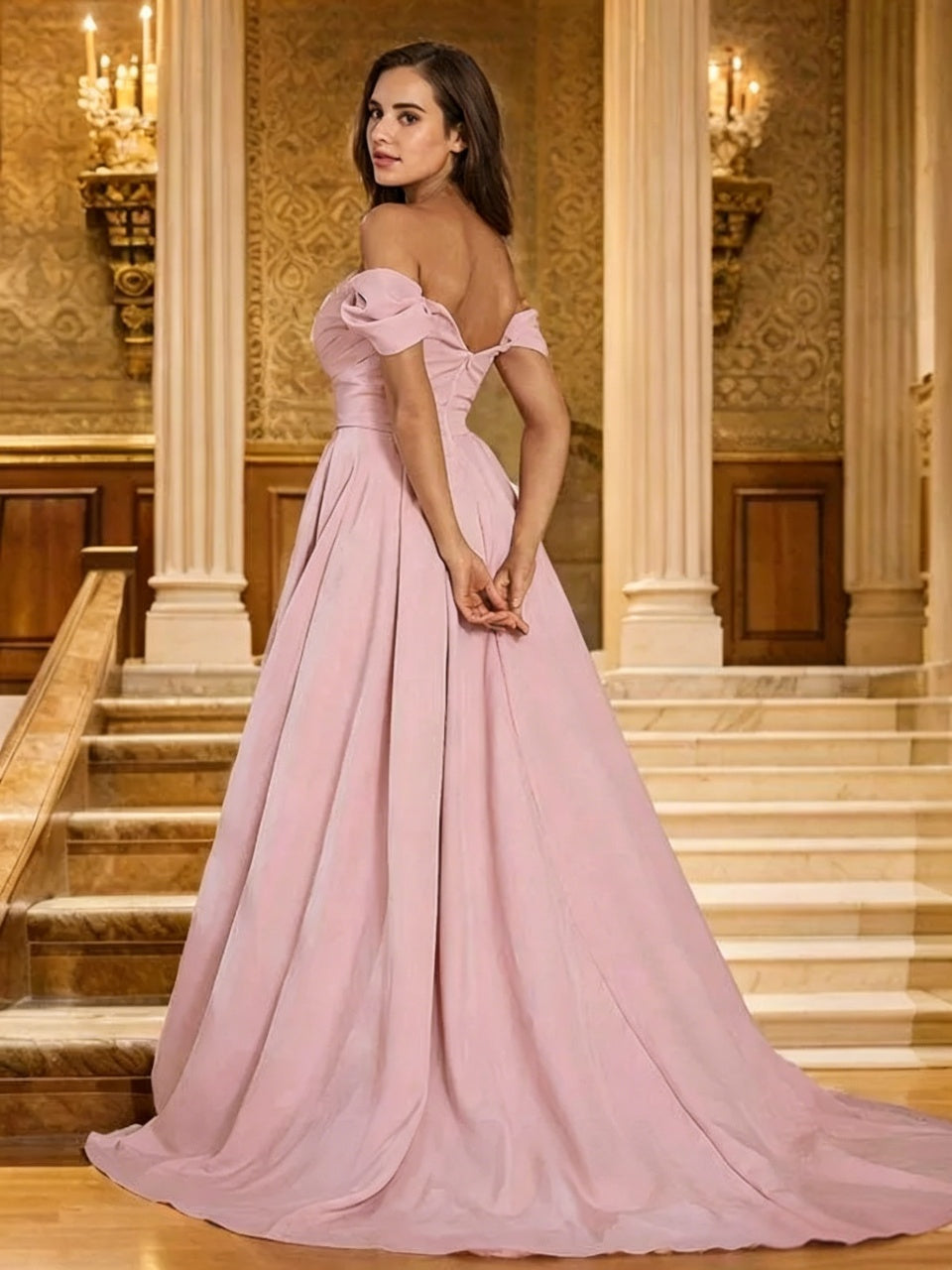 Elegant Crepe A-Line Off-Shoulder Sweetheart High-Slit Floor-Length Evening Gown