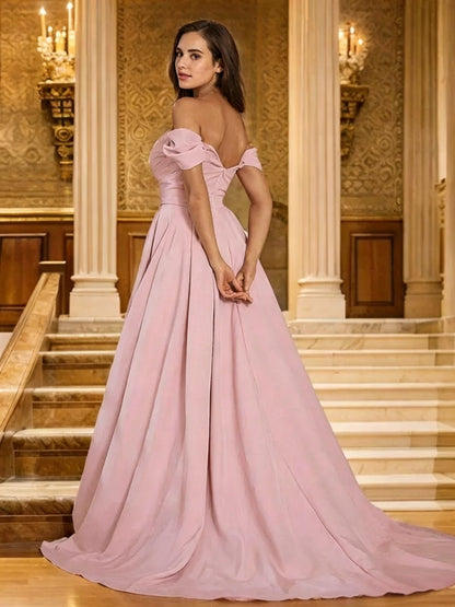 Elegant Crepe A-Line Off-Shoulder Sweetheart High-Slit Floor-Length Evening Gown