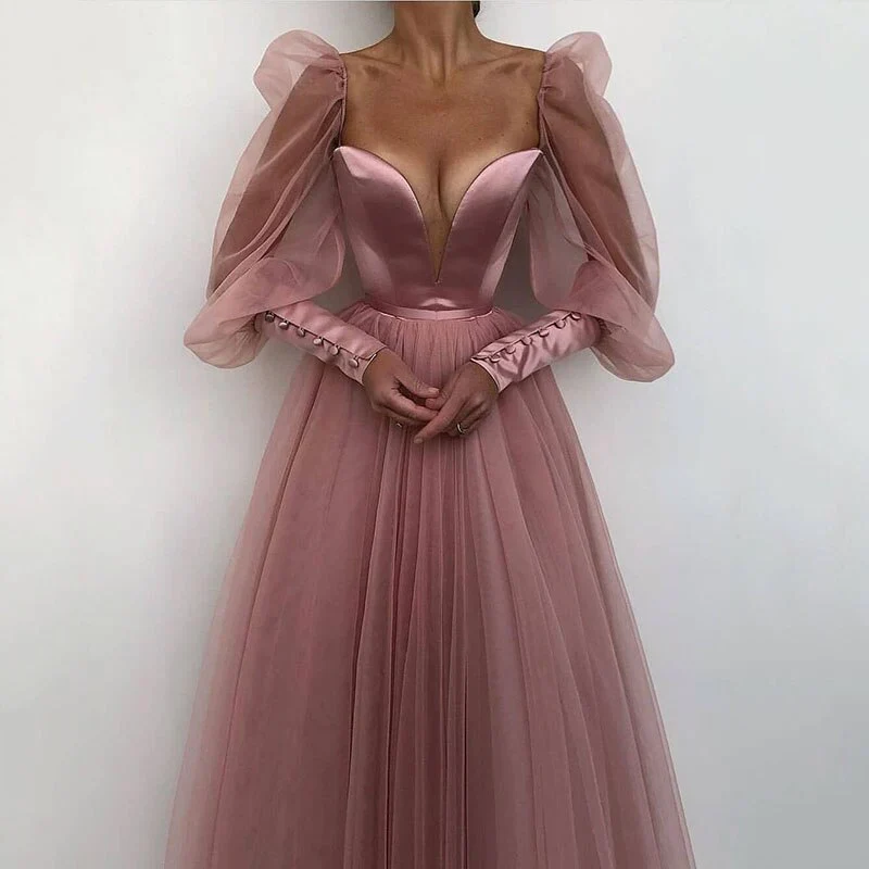Romantic A-Line Plunging Neck Puff Long Sleeve Open Back Tea Length Prom Dress
