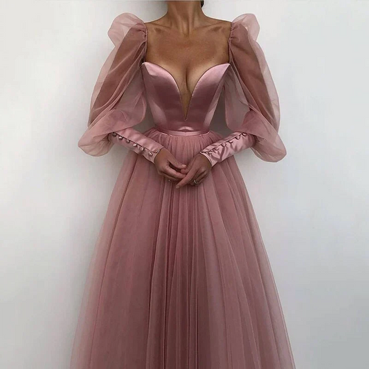 Romantic A-Line Plunging Neck Puff Long Sleeve Open Back Tea Length Prom Dress