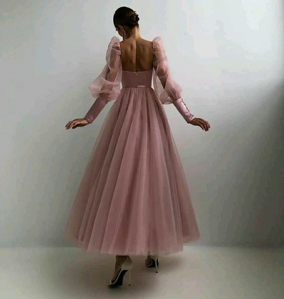 Romantic A-Line Plunging Neck Puff Long Sleeve Open Back Tea Length Prom Dress