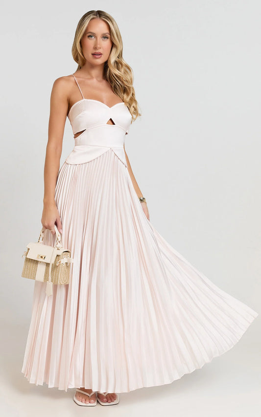 Romantic A-Line Sweetheart Spaghetti Strap Backless Pleated Floor Length Evening Dress