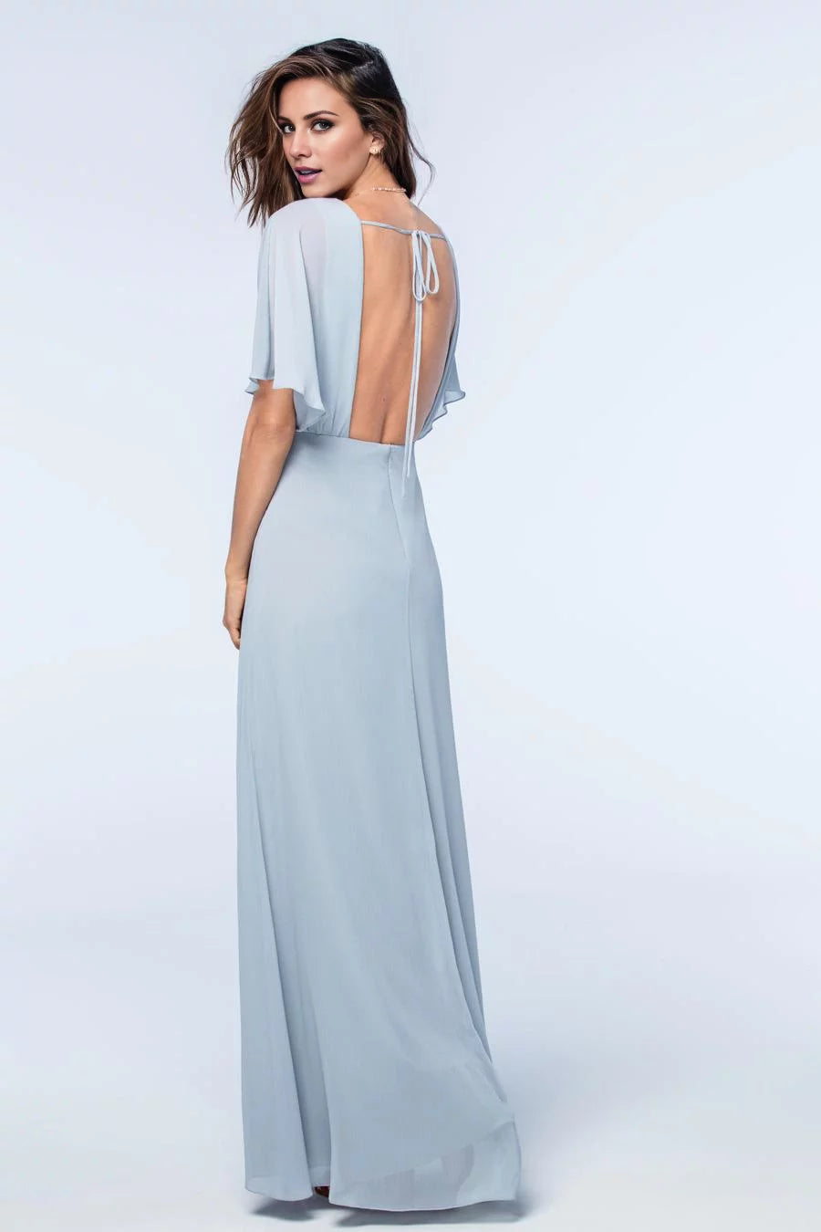 Romantic A-Line V-Neck Flutter-Sleeve Open-Back Floor-Length Prom Dress