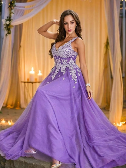 Elegant Tulle Lace A-Line V-Neck Lace-Appliqued Crisscross Floor-Length Evening Dress