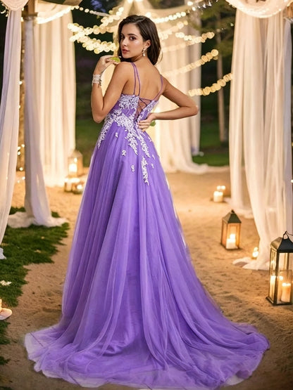 Elegant Tulle Lace A-Line V-Neck Lace-Appliqued Crisscross Floor-Length Evening Dress