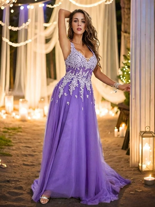 Romantic A-Line V-Neck Lace-Appliqued Crisscross-Back Floor-Length Evening Dress