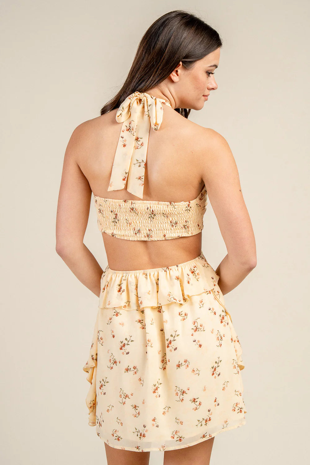 Romantic A Line Halter Floral Sleeveless Tie Back Cutout Ruffle Mini Homecoming Dress