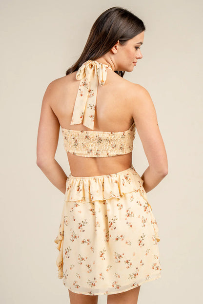 Romantic A Line Halter Floral Sleeveless Tie Back Cutout Ruffle Mini Homecoming Dress