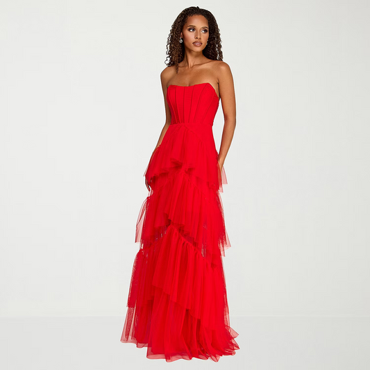 Romantic A Line Strapless Sweetheart Sleeveless Lace Up Back Tiered Tulle Floor Length Evening Dress