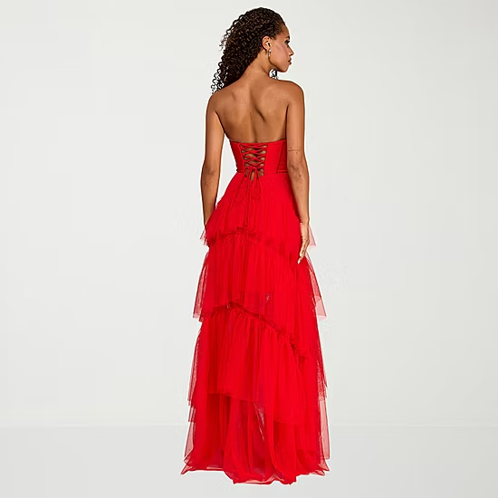 Elegant Tulle A-Line Strapless Sweetheart Lace-Up Tiered Floor-Length Evening Dress