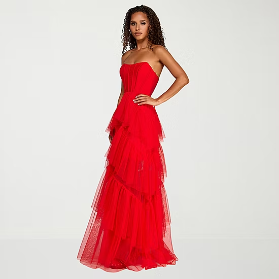 Elegant Tulle A-Line Strapless Sweetheart Lace-Up Tiered Floor-Length Evening Dress