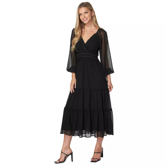 Romantic A Line V Neck Three Quarter Sleeve Lace Up Back Midi Length Evening Dress