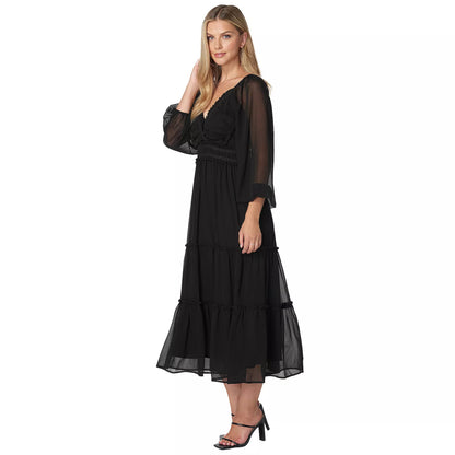 Romantic Chiffon A-Line V-Neck Three Quarter Sleeve Lace-Up Midi Evening Dress
