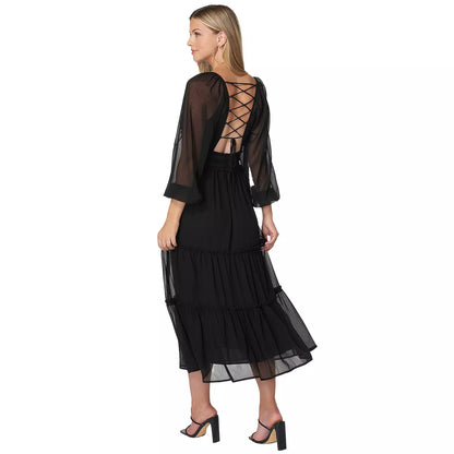Romantic Chiffon A-Line V-Neck Three Quarter Sleeve Lace-Up Midi Evening Dress
