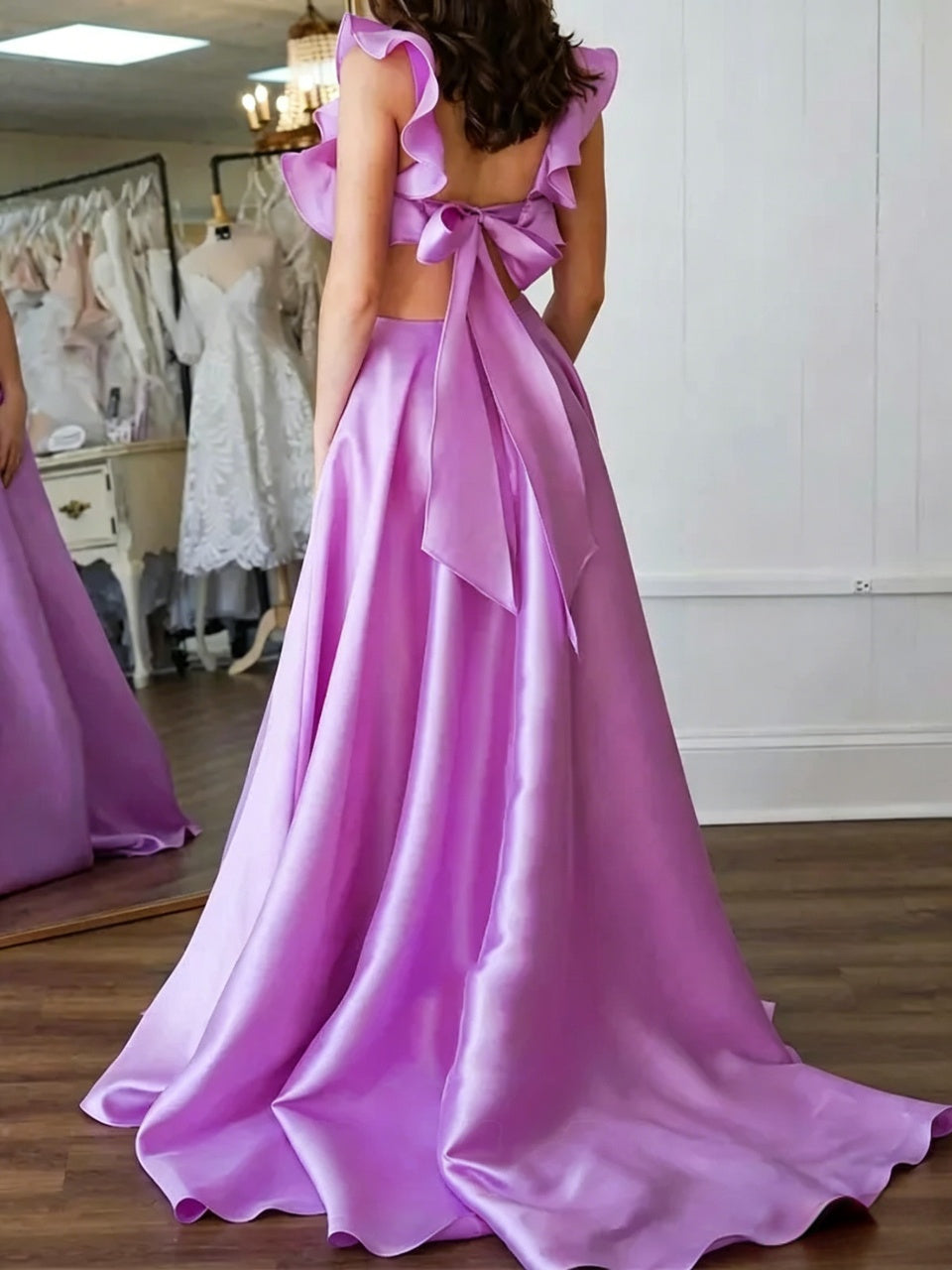 Romantic Satin Ball Gown, Square Neck, Ruffled Cap Sleeves, Open Back Bow