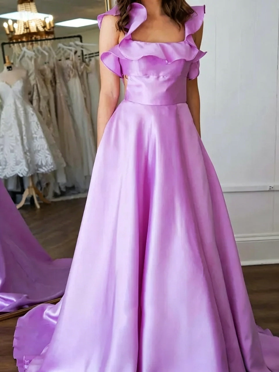 Romantic Satin Ball Gown, Square Neck, Ruffled Cap Sleeves, Open Back Bow