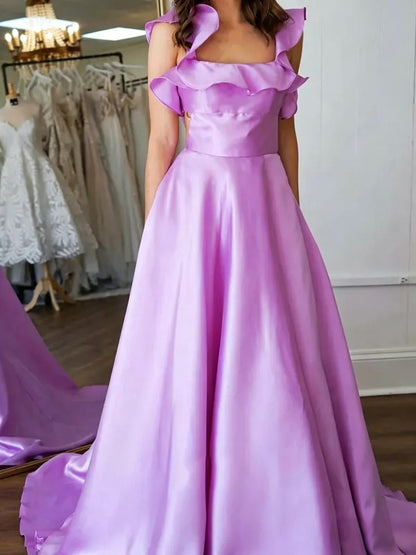 Romantic Satin Ball Gown, Square Neck, Ruffled Cap Sleeves, Open Back Bow