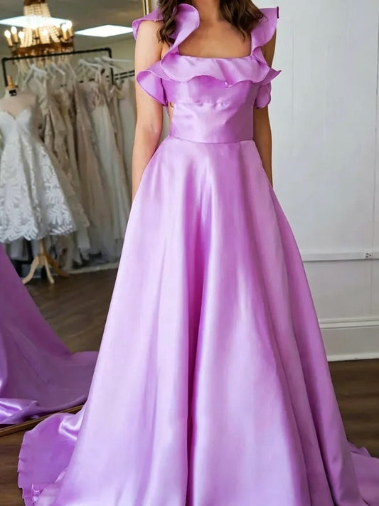 Romantic Ball Gown Square Neck Ruffled Cap Sleeves Open Back Bow Floor Length Satin Evening Dress