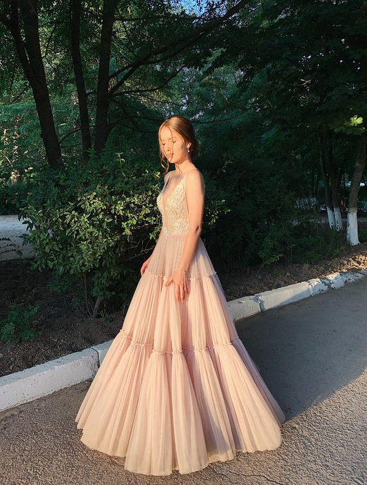 Romantic Blush Pink A-Line V-Neck Spaghetti Strap Low-Back Tiered Floor-Length Prom Dress