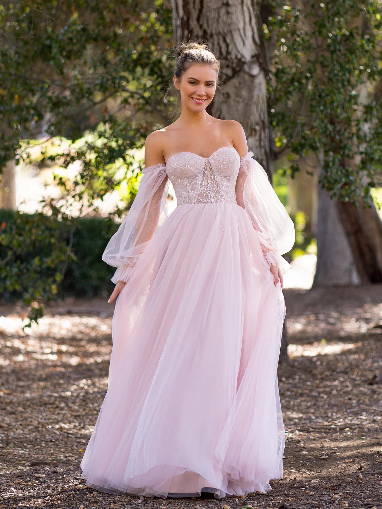 Romantic Blush Pink Floral Print A-Line Silhouette Sweetheart Neck Off Shoulder Puff Sleeve Beaded Bodice Lace Up Back Maxi Tulle Prom Dress