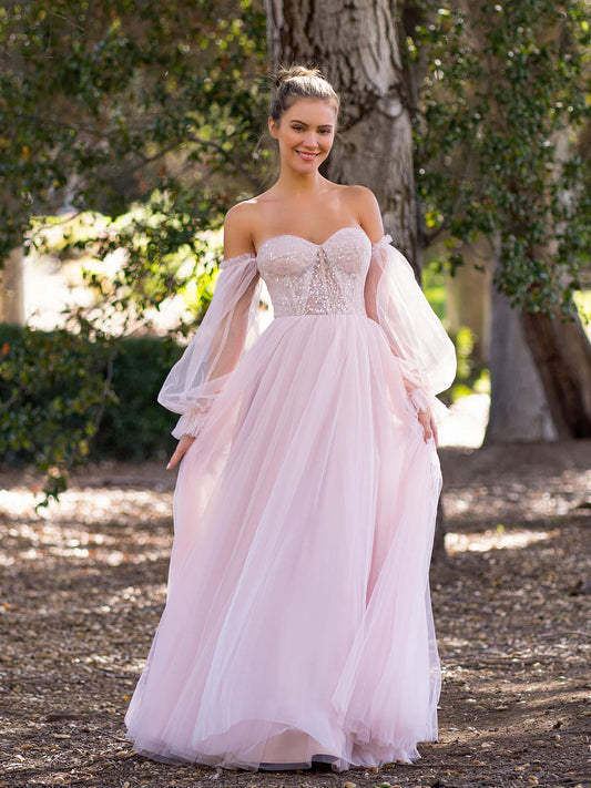 Romantic Blush Pink Floral Print A-Line Silhouette Sweetheart Neck Off Shoulder Puff Sleeve Beaded Bodice Lace Up Back Maxi Tulle Prom Dress