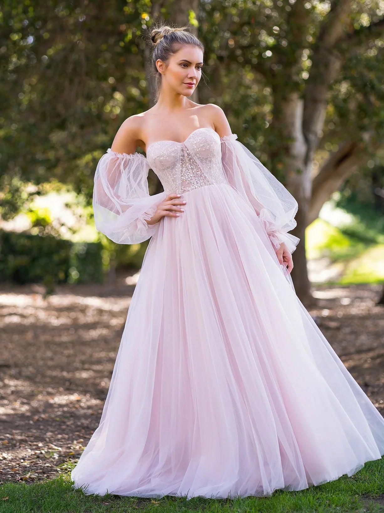 Romantic Blush Pink Floral Print A-Line Silhouette Sweetheart Neck Off Shoulder Puff Sleeve Beaded Bodice Lace Up Back Maxi Tulle Prom Dress