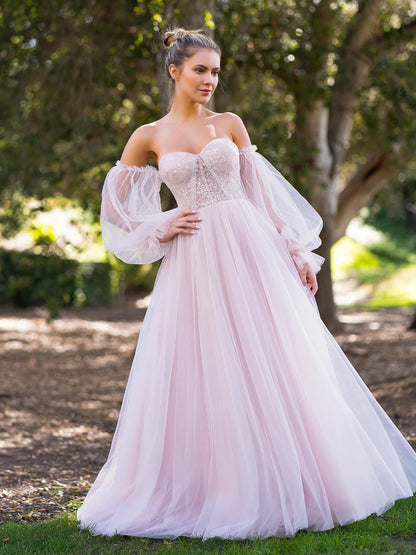 Romantic Blush Pink Floral Print A-Line Silhouette Sweetheart Neck Off Shoulder Puff Sleeve Beaded Bodice Lace Up Back Maxi Tulle Prom Dress