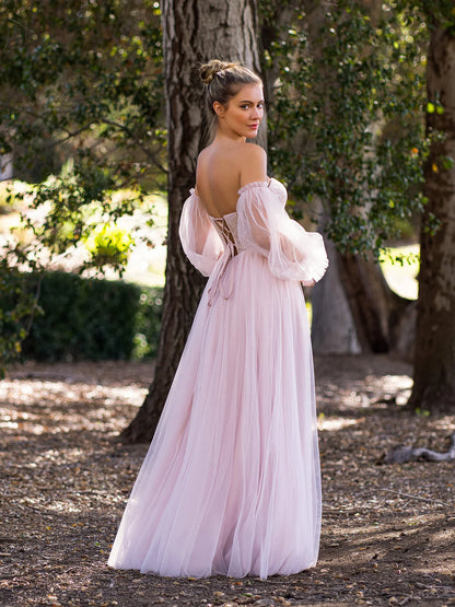 Romantic Blush Pink Floral Print A-Line Silhouette Sweetheart Neck Off Shoulder Puff Sleeve Beaded Bodice Lace Up Back Maxi Tulle Prom Dress