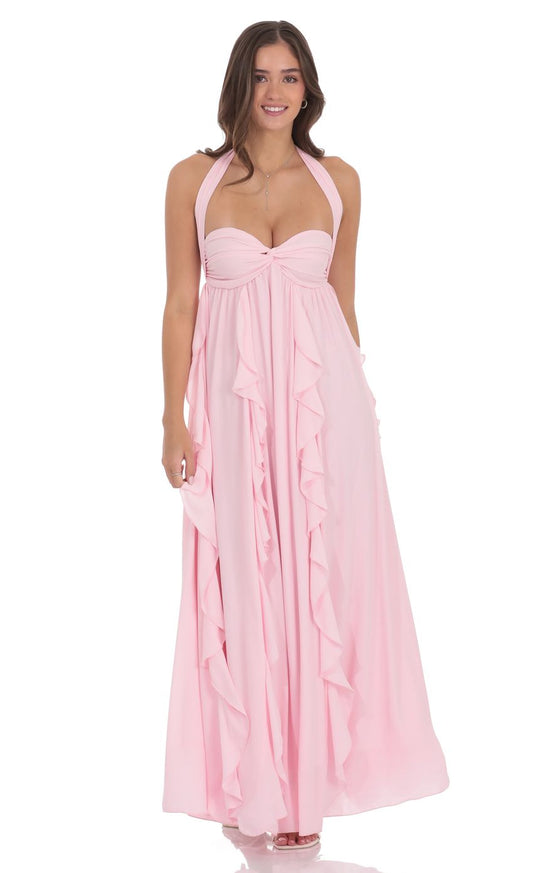 Romantic Blush Pink Halter Neck Twist Front Ruffled Chiffon Tie-back Floor-length Evening Dresses
