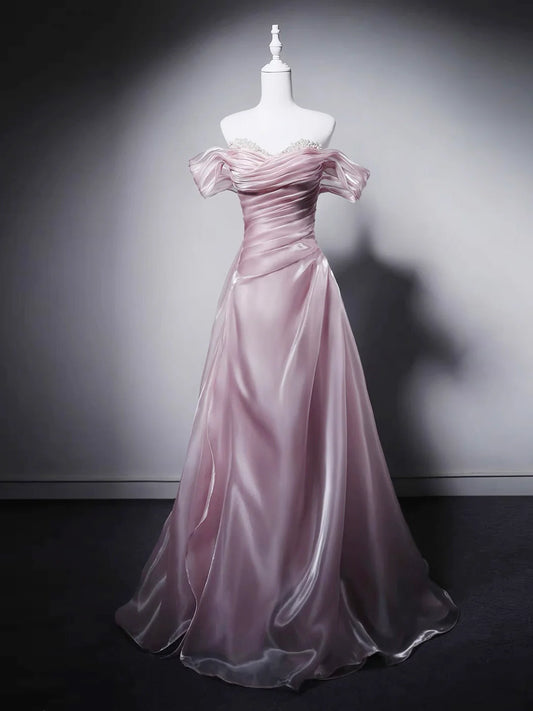 Romantic Blush Pink Iridescent Satin Off-the-Shoulder Ruched Beaded Prom Dresses