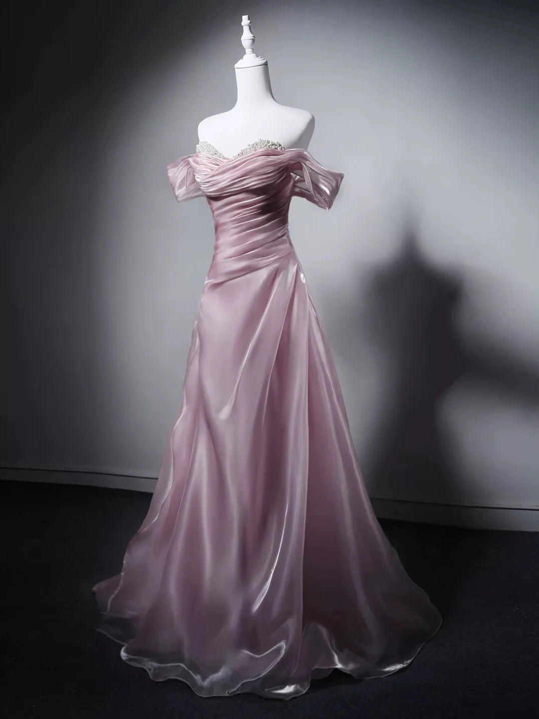 Romantic Blush Pink Iridescent Satin Off-the-Shoulder Ruched Beaded Prom Dresses