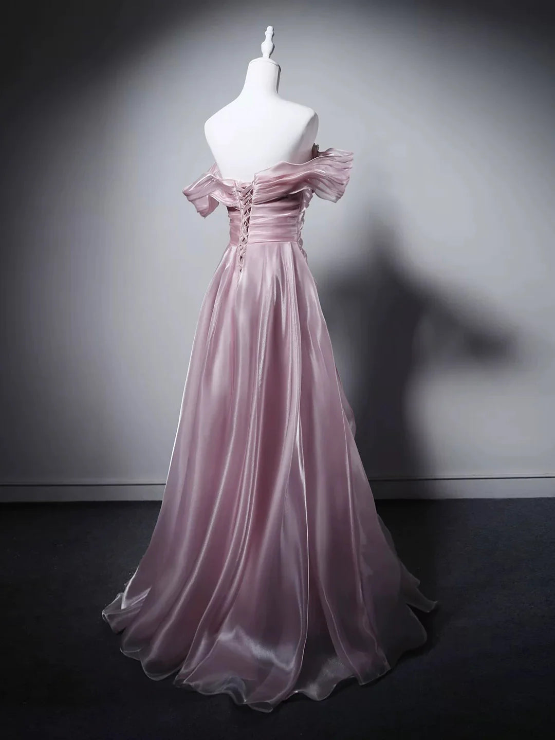 Romantic Blush Pink Iridescent Satin Off-the-Shoulder Ruched Beaded Prom Dresses