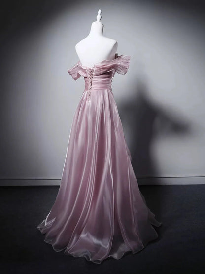 Romantic Blush Pink Iridescent Satin Off-the-Shoulder Ruched Beaded Prom Dresses