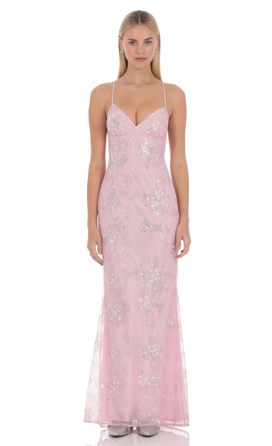 Romantic Blush Pink Spaghetti Strap Plunge V-neck Embellished Sequin Lace Lace-up Back Mermaid Floor-length Evening Dresses