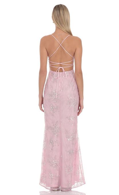 Romantic Blush Pink Spaghetti Strap Plunge V-neck Embellished Sequin Lace Lace-up Back Mermaid Floor-length Evening Dresses