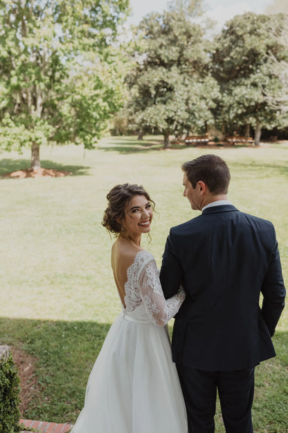 Romantic Boat Neck Lace Long Sleeve Low Open Back Flowy Tulle A-Line Wedding Dress