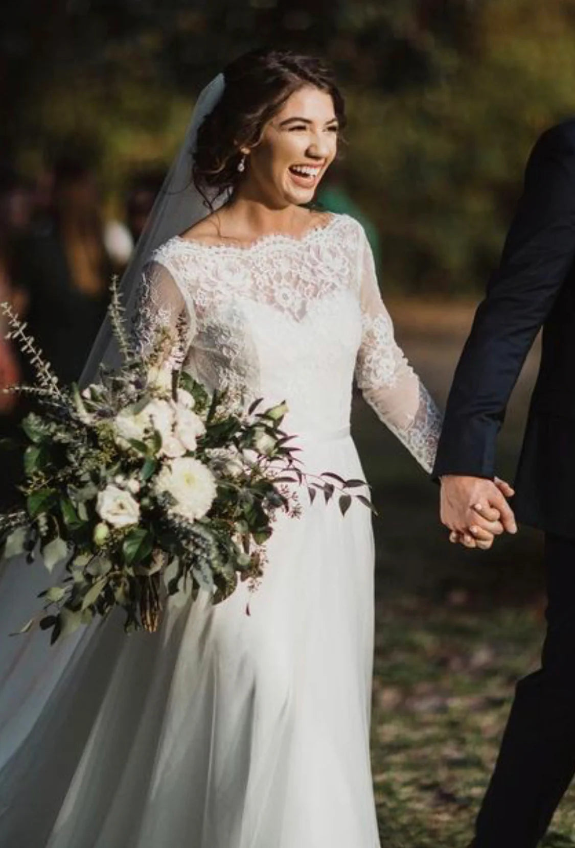 Romantic Boat Neck Lace Long Sleeve Low Open Back Flowy Tulle A-Line Wedding Dress