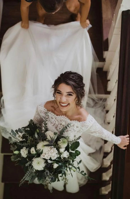 Romantic Boat Neck Lace Long Sleeve Low Open Back Flowy Tulle A-Line Wedding Dress