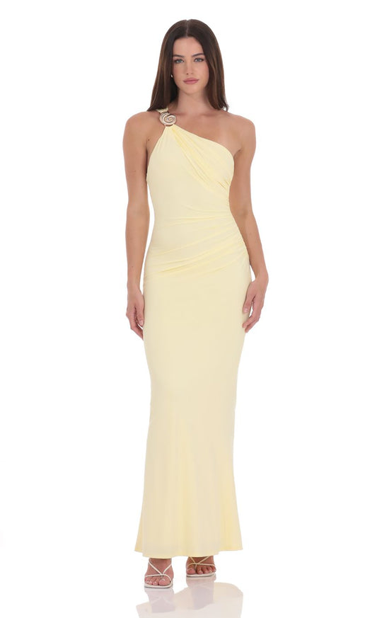 Romantic Butter Yellow One-Shoulder Evening Dress with Ruched Bodice & Open Back