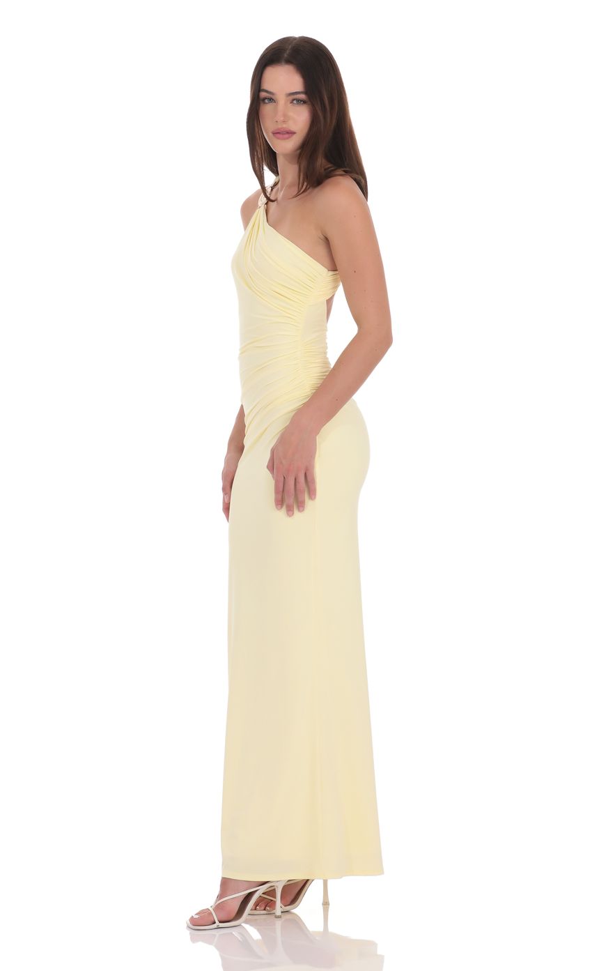 Romantic Butter Yellow One-Shoulder Evening Dress with Ruched Bodice & Open Back