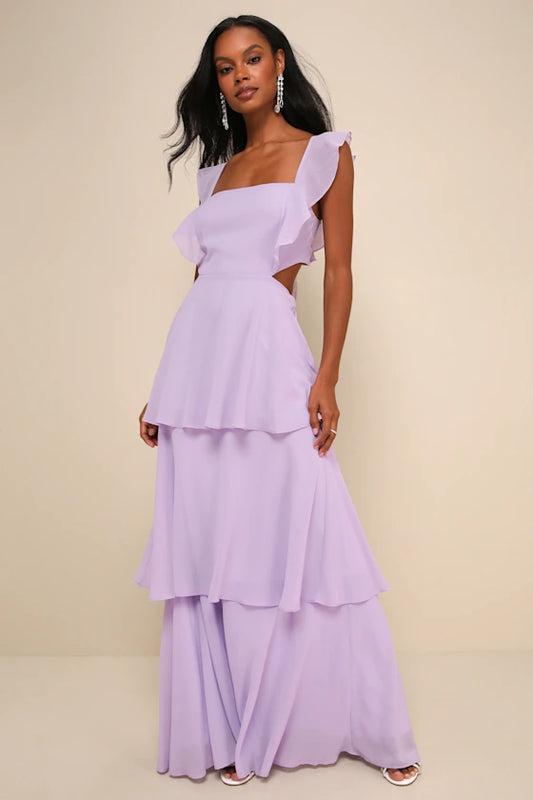 Romantic Chiffon Evening Dresses with Ruffled Straps, Tie-Back Cutout and Tiered Skirt Formal Gown