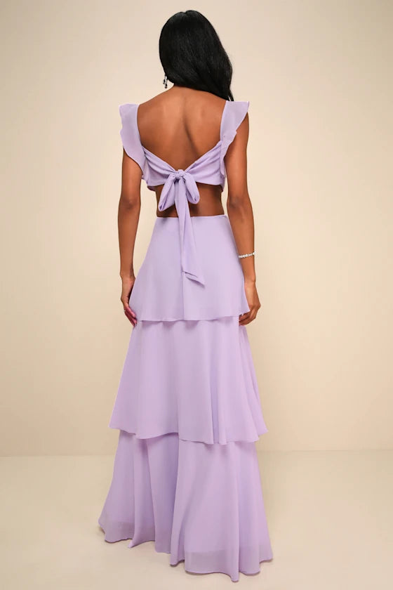 Romantic Chiffon Evening Dresses with Ruffled Straps, Tie-Back Cutout and Tiered Skirt Formal Gown