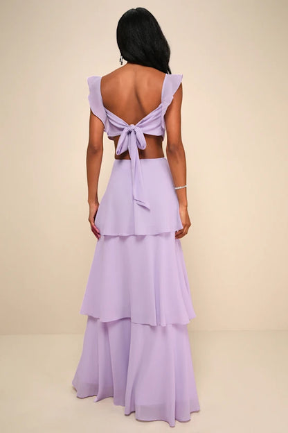 Romantic Chiffon Evening Dresses with Ruffled Straps, Tie-Back Cutout and Tiered Skirt Formal Gown